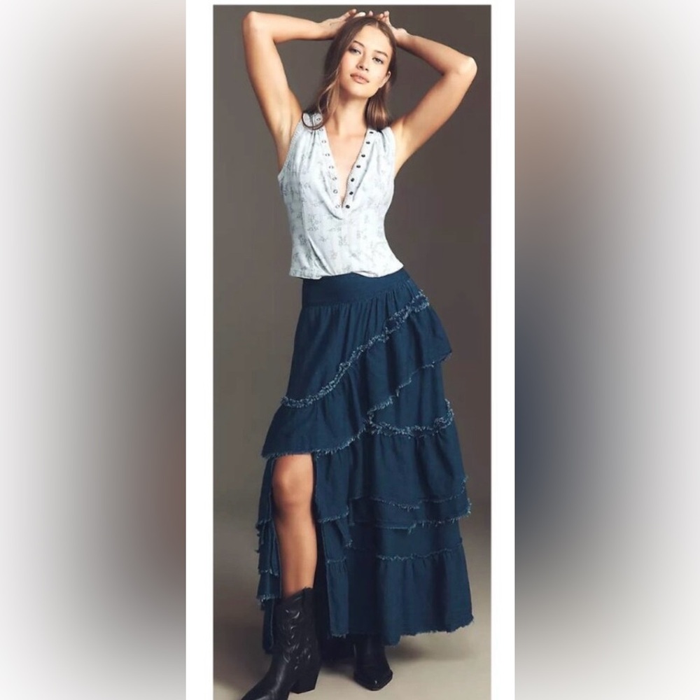 Pilcro Anthropologie Asymmetric Ruffled Tiered Dark Denim Maxi Skirt Size-S